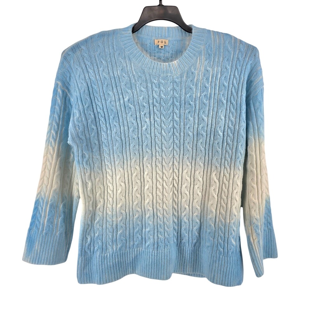 POL Womens Cable Knit Ombre Dip Dye Sweater Blue White Size M Layering Cozy